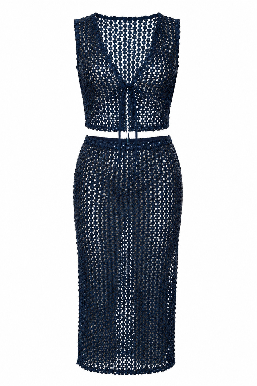 Rahi Black Sequin Crochet Crop Top & Maxi Skirt Set - S (New With Tags)